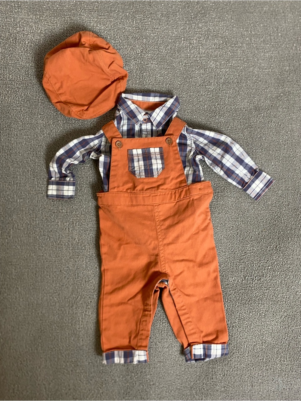 Tommy Bahama Baby Orange Overalls Set with Plaid Shirt and Cap- Fall Autumn